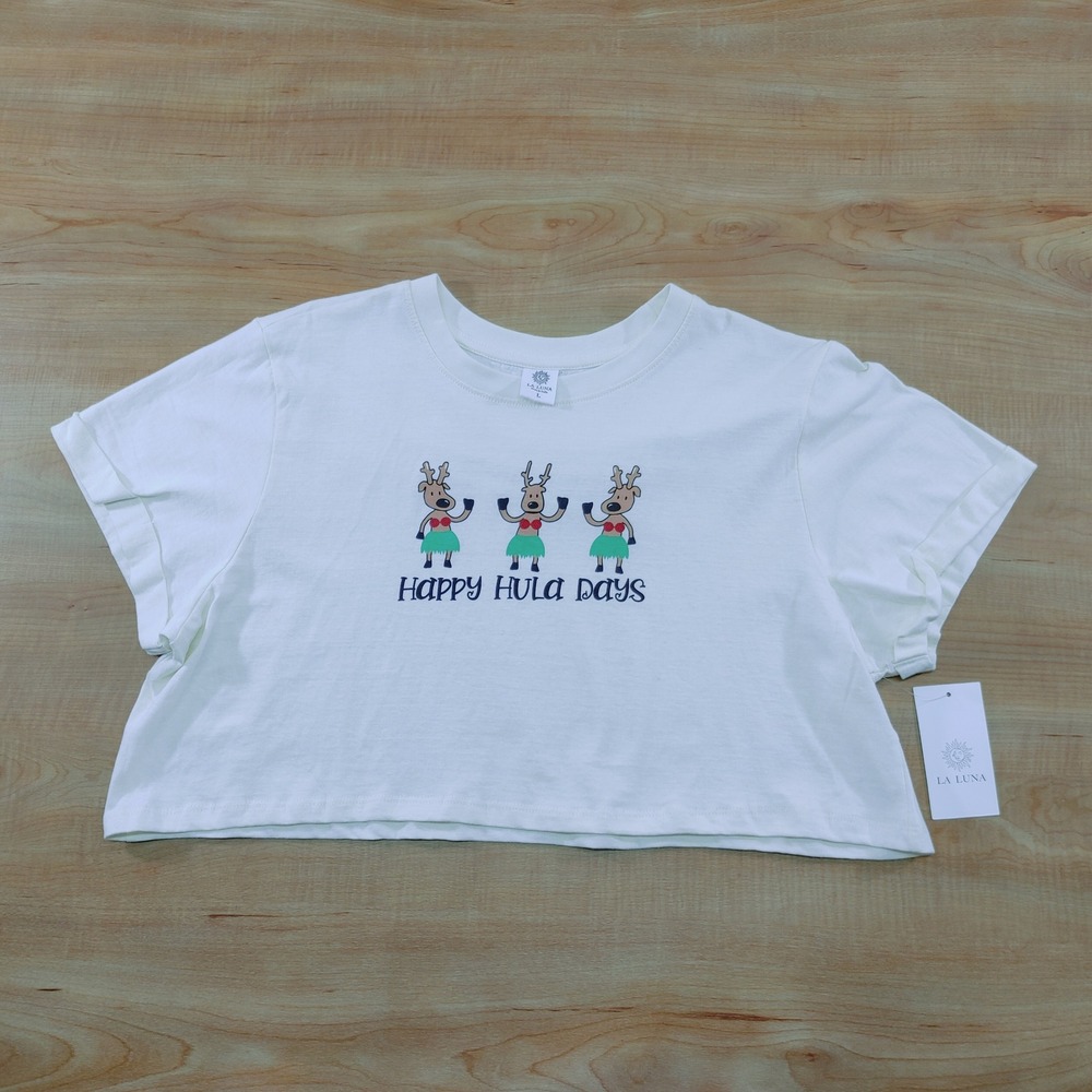 La Luna Happy Hula Days Reindeer Cropped T-Shirt White Large NWT‎ A339552844